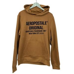 Aeropostale Hoodie Sweatshirt Men Large Brown Spell Out Logo Kangaroo Pocket NEW